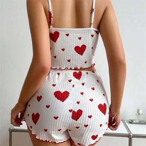 Wholesale Heart Print Ribbed Ruffled Women <b>Pajamas</b> <b>Set</b> Bulk Supply Private Label Custom Logo - Product Image 3
