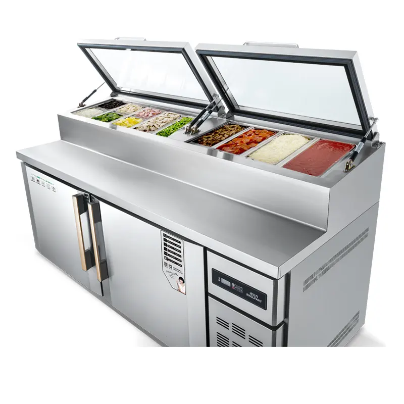 Vendita di fabbrica commerciale Prep Station in acciaio inox frigorifero insalata Sandwich Pizza Prep tavolo freezer con coperchio in vetro