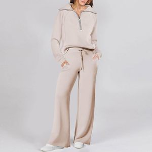 Casual Comfortable Half Zip Tracksuit <b>Women</b> Custom Logo Stand Collar Sweatshirt and Wide Leg Pants 2 Piece Sportswear Set - Product Image 3