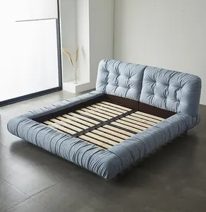 Atunus tempat tidur ganda desain minimalis, Baxter kulit biru ukuran king bingkai tempat tidur ganda berumbai tempat tidur platform modis