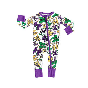 LR2678 Vente en gros pour enfants de Mardi gras pour bébé violet vert jaune imprimé nœuds Combinaison à manches longues Ensemble enfant - Product Image 5