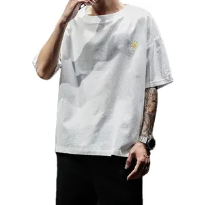 T-shirt d'été personnalisé en tissu de lin pour hommes avec impression de broderie