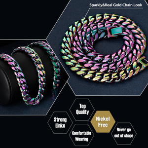 KRKC-Conjunto de cadena cubana personalizada de acero inoxidable, joyería de alta calidad chapada en oro de 14K, 10mm, Hip Hop, negro, Arco Iris, collar de eslabones cubanos - Product Image 6