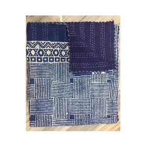 Couverture en tissu de coton à motif imprimé Indigo bleu fait à la main couvre-lit bohème Kantha couette