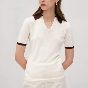 Fabricante de prendas de punto logotipo personalizado algodón seda punto bloque de color cuello vuelto manga corta Polo camiseta suéter para <span class=keywords><strong>mujer</strong></span> - Product Image 2