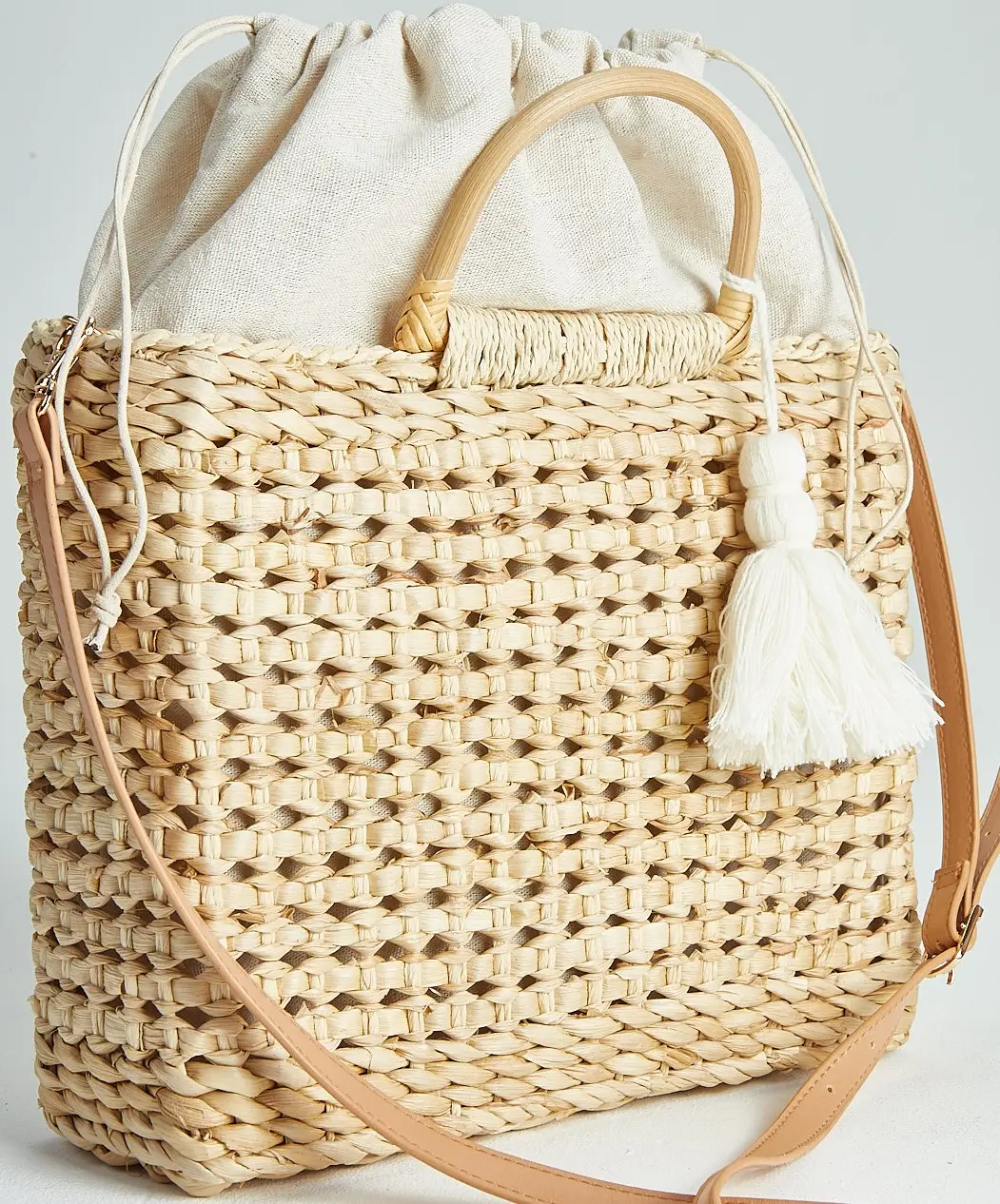 Handcrafted angepasst mais-schale aushöhlen stroh handtasche mit zwei PU leder griffe, weiß quaste