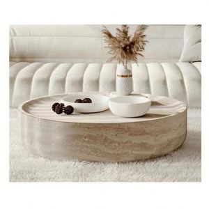 Mesa de Centro Redonda de Mármol Nórdico, Mesa de Té de <span class=keywords><strong>Piedra</strong></span> Natural, Mesa Auxiliar de Travertino para Decoración de Sala de Estar - Product Image 1