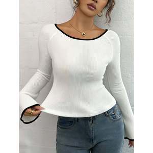Pull blanc à manches évasées et peplum pour femme, haut côtelé à manches longues - Product Image 3
