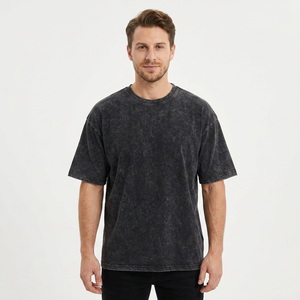T-shirt en coton lavé surdimensionné pour homme, manches courtes, col rond, couleur unie, style décontracté, tissu jersey - Product Image 1