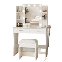Table de maquillage américaine moderne avec miroir amovible et étagère de rangement, coiffeuse de chambre avec tabouret de rangement