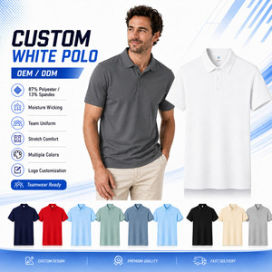 เสื้อโปโลสีขาวแบบกำหนดเองสำหรับผู้ชาย แขนสั้น 87% โพลีเอสเตอร์ 13% สแปนเด็กซ์ ระบายความชื้น ยืดหยุ่น สวมใส่สบาย รับผลิตแบบ OEM ODM ชุดทีมพร้อมส่ง - Product Image 1