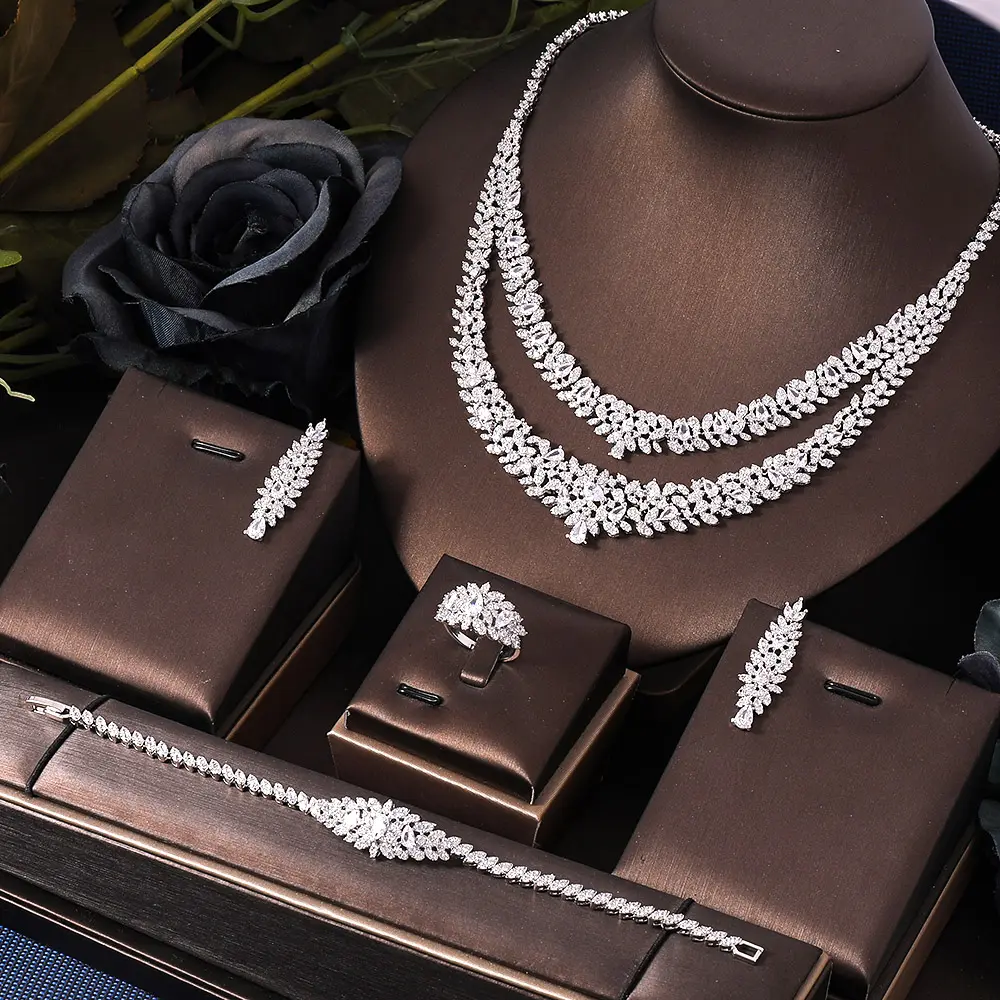 Dubai Nigeria Cz Crystal Luxe 4Pcs Bridal Zirconia Sieraden Sets Voor Vrouwen Party Wedding Sets