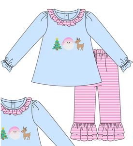Conjunto navideño para niñas, Top azul de manga larga, pantalones con volantes y rayas rosas, ropa para hermanos - Product Image 5
