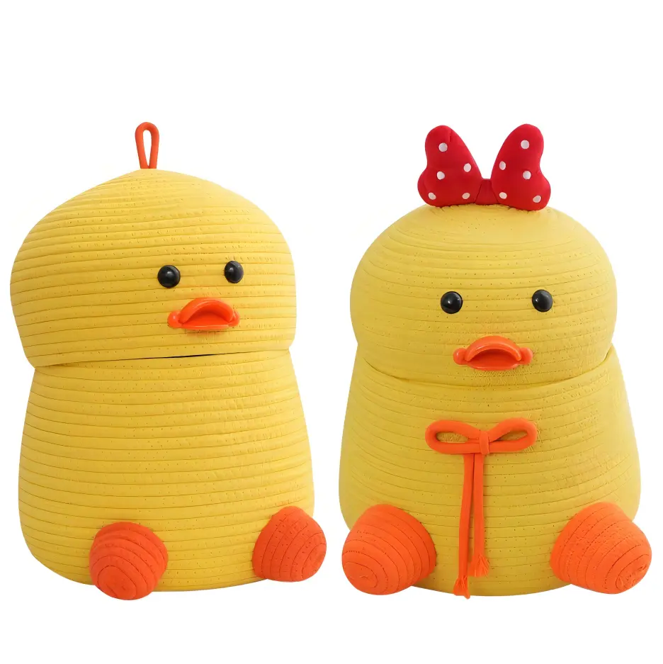 Yellow duck cartoon Shape 2023 New Woven Basket Cotton rope basket storage organizer table top with lid