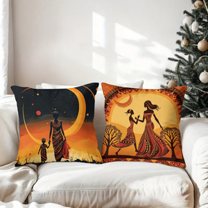 Bantal hias seni suku Afrika yang menampilkan pemandangan matahari dan bulan yang berwarna-warni serta siluet budaya. - Product Image 3