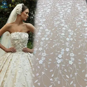 Perline di lusso con paillettes di cristallo da sposa in Tulle bianco 3D fiori fatti a mano in pizzo con perline