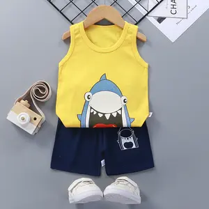 Setelan Baju Bayi Umur 1-6 Tahun 2 Potong, Setelan Pakaian Musim Panas Balita, Kaus Motif Kartun + Celana Pendek Anak Laki-laki