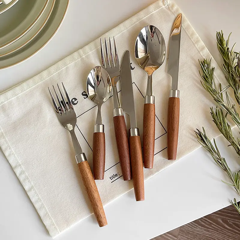 Ins conjunto de utensílios de mesa retrô, conjunto de faca de madeira sólida com cabo de bife, sobremesa e ocidental