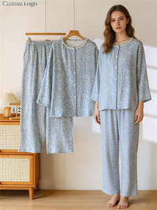 Conjunto de Pijama para Mujer 100% Algodón, Manga Larga, Pantalón Largo, Botones, Estampado Floral, Suave y Transpirable, Ropa de Dormir Personalizada al por Mayor - Product Image 1