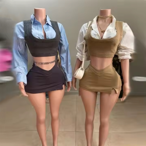 <span class=keywords><strong>Chaleco</strong></span> de punto de manga larga con cuello vuelto, camisas <span class=keywords><strong>y</strong></span> minifaldas derramadas, conjunto de tres piezas para <span class=keywords><strong>mujer</strong></span> - Product Image 1