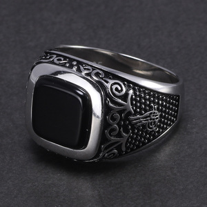 Vintage Punk argento 925 Tugra ottomana uomini turchi anelli quadrati di pietra nera per gli uomini incisi fiori retrò - Product Image 2