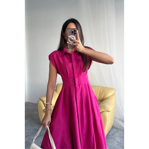 ชุดเดรสผ้าลินินลายแจ็คการ์ดสีชมพูฟูเชียสำหรับใส่ทำงาน มีรอยผ่าด้านหน้าและกระเป๋า - Product Image 4