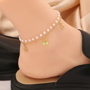 Verão moda aço inoxidável pé decoração estrela grânulos banhado a ouro pérola tornozeleira mulheres