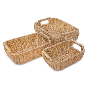 Hand-Woven Large Storage Baskets with Wooden Handles, Water Hyacinth Wicker Baskets for Organizing, 2-Pack