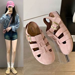 Retro Forest Closed Toe Mule Slippers 2025 Summer Hollow Out Woven Two Wear Soft Flat Pig Cage Casual <b>Sandals</b> - Product Image 1