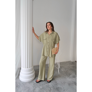 Conjunto de 2 Piezas de Lino Verde, Top Informal Sólido y Pantalones con Cintura Ajustable con Cordón, Corte Ajustado para Atuendos de Verano - Product Image 6