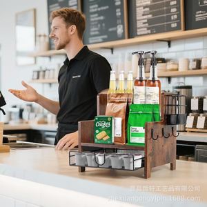 Estante de Almacenamiento de Madera de Varias Capas para Jarabes de Café con Portavasos, Estante para Bebidas de Bar, Estante para Cócteles, Estantes de Exhibición Ordenados de Dos Niveles - Product Image 1