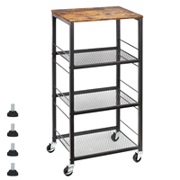 Chariot de cuisine industriel en bois à 4 niveaux avec micro-ondes, table de service îlot et chariot de rangement latéral sur roulettes