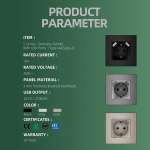 Prise murale en aluminium brossé noir Prise allemande standard européenne avec <span class=keywords><strong>double</strong></span> ports <span class=keywords><strong>USB</strong></span> Type A - Product Image 4