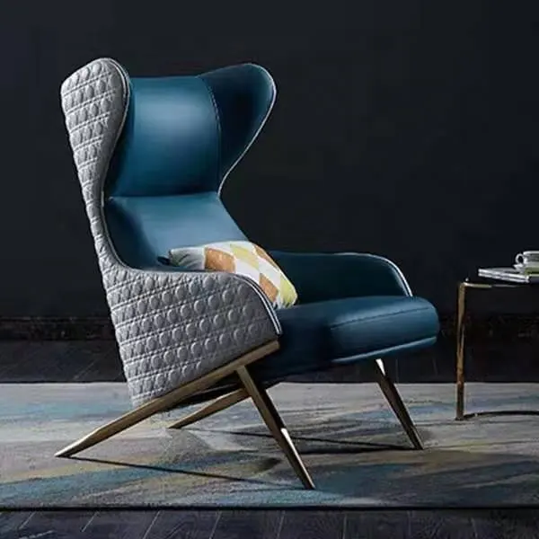 आधुनिक उच्च वापस विंग कुर्सी armrest के साथ धातु स्टील पैर चमड़े कमरे में रहने वाले अवकाश लाउंज कुर्सी होटल लहजे कुर्सी