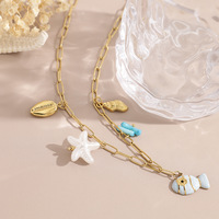 Collier en acier inoxydable plaqué or 18 carats avec breloques poisson, étoile de mer et coquillage, style trombone, pour femme, vente en gros OEM