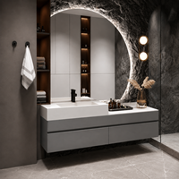 Meuble-lavabo flottant de luxe moderne avec vasque et grand miroir LED mural, armoire de salle de bain grise pour projet hôtelier