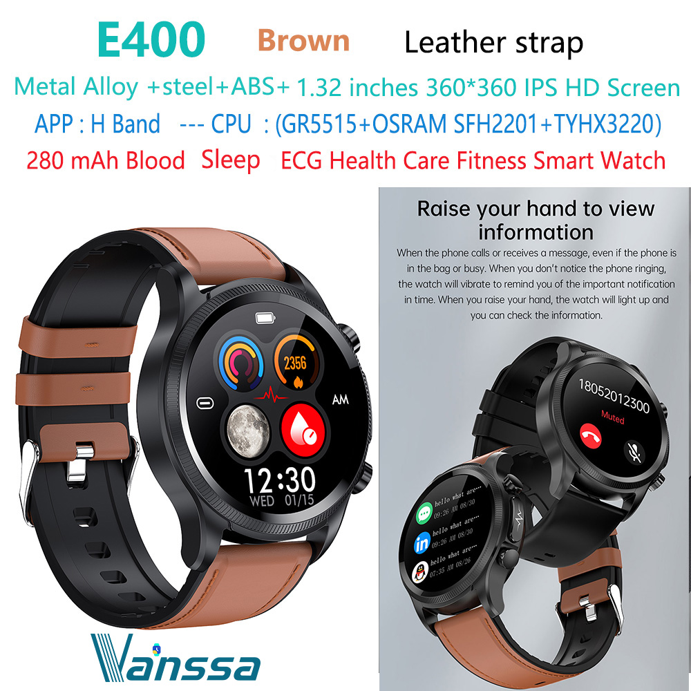 Bracelet cuir marron E400-ECG-health-smartwatch-smart-watch
