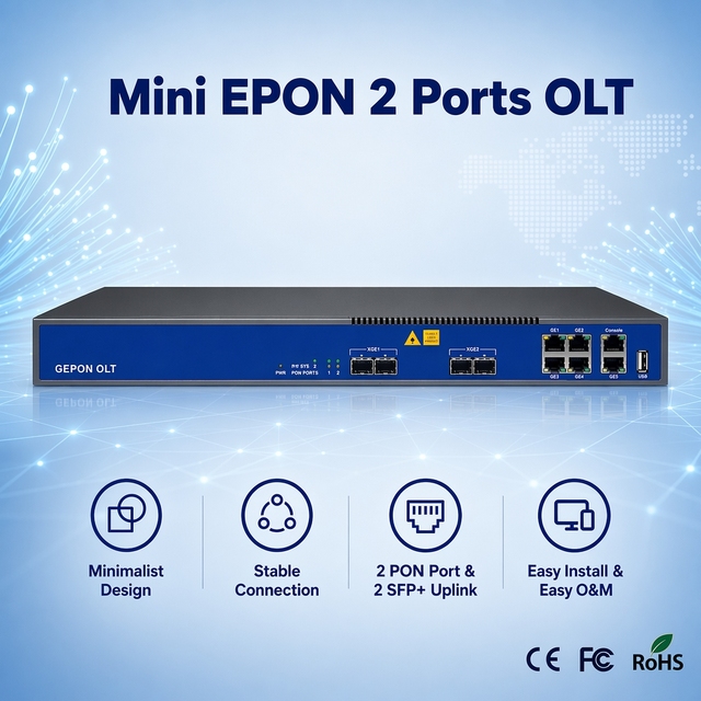 1U 19 Inch Layer3 MIni Size Vsol V1601E02-DP 2 PON Ports 2 SFP/SFP+ 4 GE Uplink Ports EPON OLT