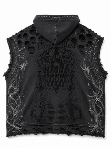 Gilet con Cappuccio Senza Maniche OEM/ODM per Uomo, Logo Personalizzato, Stile Gotico Punk Streetwear, Stampa con Strass, Nero Lavato - Product Image 2