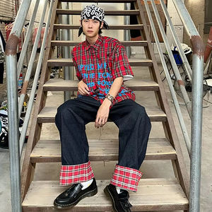 Amerikan Retro ekose Patchwork Unisex kot Baggy haddelenmiş kenar yüksek sokak ham mavi gevşek pantolon geniş bacak erkek trendleri kot - Product Image 3