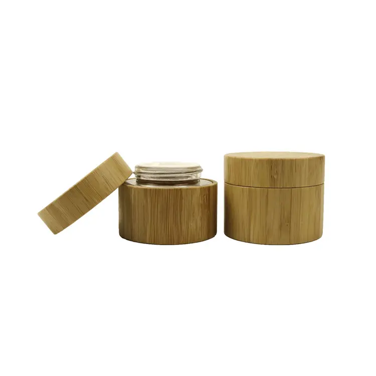 5/10/20/30/50/100/200/250/300/500g Chinese Factory Cosmetic full bamboo jar glass inner logo engraving on lid body