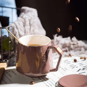 Gold Painted <b>Ceramic</b> <b>Mug</b> Set Solid Color Covered With <b>Lid</b> <b>For</b> Coffee Gift Occasion Minimalist Luxury Style - Product Image 2