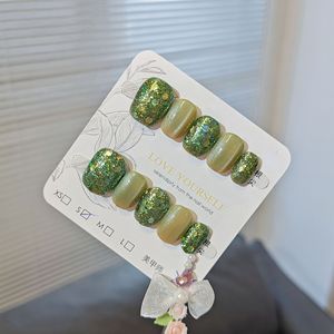 Vente en gros de faux <span class=keywords><strong>ongles</strong></span> courts carrés vert olive effet œil de chat, avec paillettes irisées, étiquette privée OEM - Product Image 4