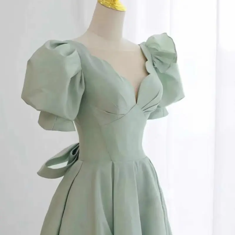 Robe de soirée Simple verte glacé, manches bouffantes, robe de bal, longueur thé en v, robes d'occasion, nouvelle collection 2021