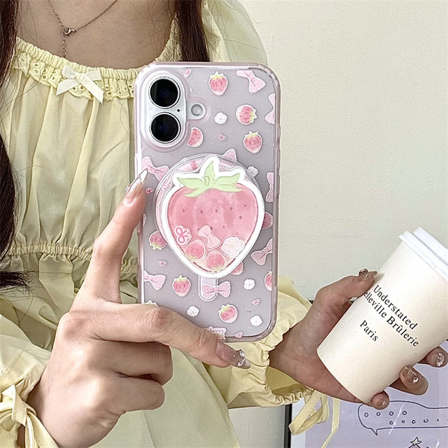 Transparent Pink Strawberry Fidget Toy Magnetic Stand Phone Case For iPhone 16 Pro Max 15 14 13 Cute Women Cover