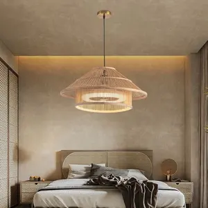 Luces Led regulables para dormitorio, ventiladores de techo con aspas de Abs, Control remoto, tejido de bambú, color blanco Nórdico