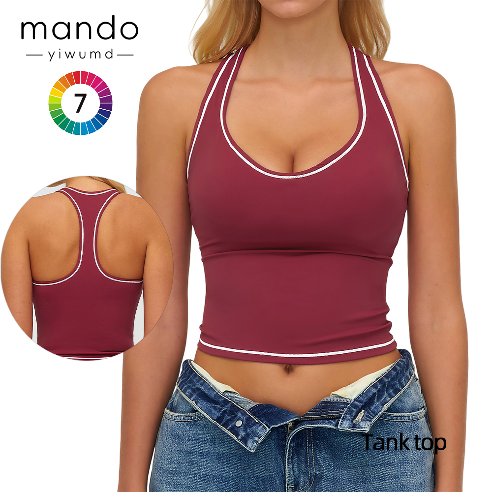 Women's Racerback Sports Tank Top Contrast Stitching Stripe Design Yoga Vest Nylon Spandex Knit Compression Fabric