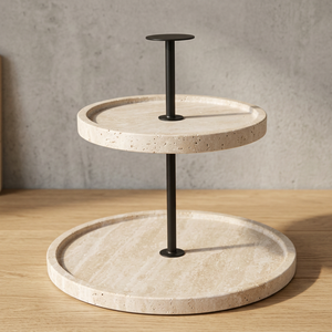 Support à Dessert à 2 Niveaux en Pierre de Travertin avec Barre Métallique Élégant et Durable pour Gâteaux Pâtisseries Collations Décoration de Table Moderne - Product Image 1