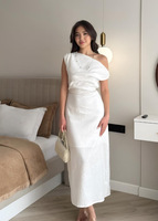 Robe longue élégante pour femme LM R890 vert clair, épaules dénudées, col drapé pliable, taille haute, fente latérale, idéale pour le quotidien et les soirées