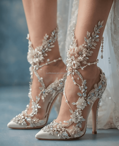 Pizzo bianco fiore cinturino alla caviglia floreale con applicazioni Sexy strass perle <span class=keywords><strong>scarpe</strong></span> da <span class=keywords><strong>sposa</strong></span> da festa abito di cristallo <span class=keywords><strong>scarpe</strong></span> da <span class=keywords><strong>sposa</strong></span> per <span class=keywords><strong>sposa</strong></span> - Product Image 5